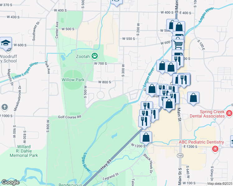 map of restaurants, bars, coffee shops, grocery stores, and more near 844 Riverwood Court in Logan