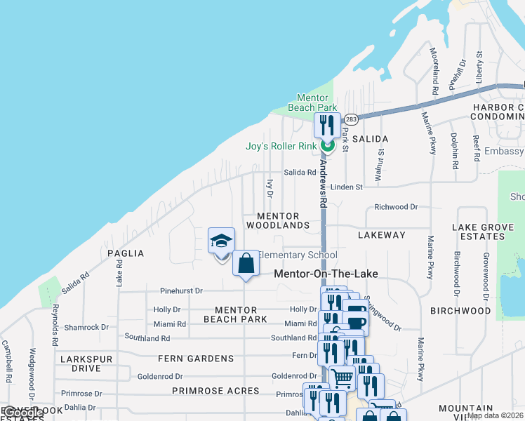map of restaurants, bars, coffee shops, grocery stores, and more near 5741 Ivy Drive in Mentor-on-the-Lake