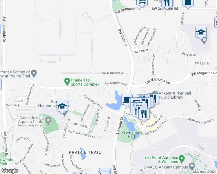 map of restaurants, bars, coffee shops, grocery stores, and more near Southwest Lesina Lane in Ankeny