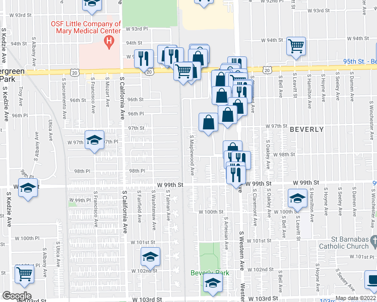 map of restaurants, bars, coffee shops, grocery stores, and more near 9748 South Maplewood Avenue in Evergreen Park