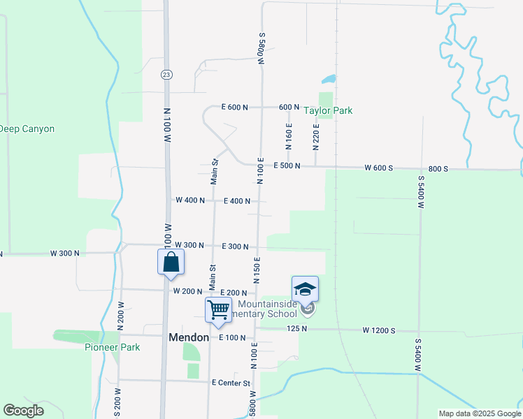 map of restaurants, bars, coffee shops, grocery stores, and more near 97 East 400 North in Mendon