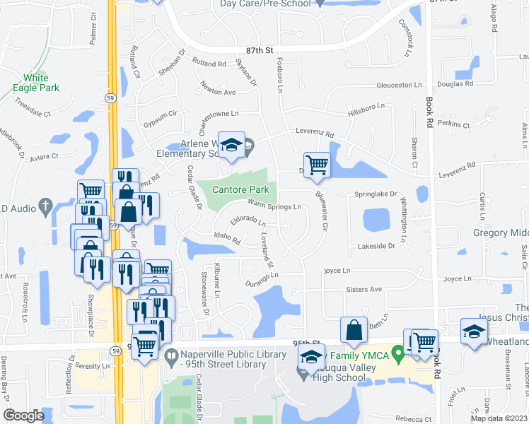 map of restaurants, bars, coffee shops, grocery stores, and more near 2516 Warm Springs Lane in Naperville