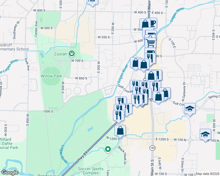 map of restaurants, bars, coffee shops, grocery stores, and more near 233 West 1010 South in Logan