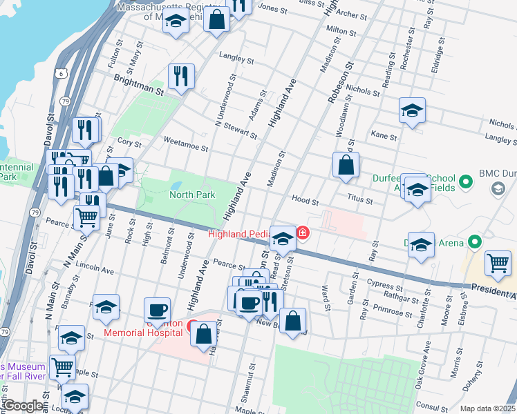 map of restaurants, bars, coffee shops, grocery stores, and more near 885 Hanover Street in Fall River