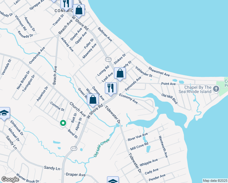 map of restaurants, bars, coffee shops, grocery stores, and more near 1095 West Shore Road in Warwick