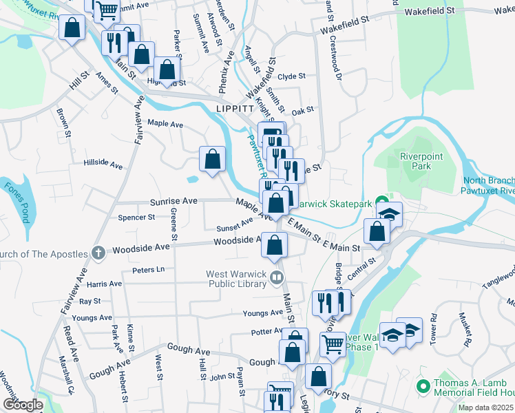 map of restaurants, bars, coffee shops, grocery stores, and more near 953 Main Street in West Warwick