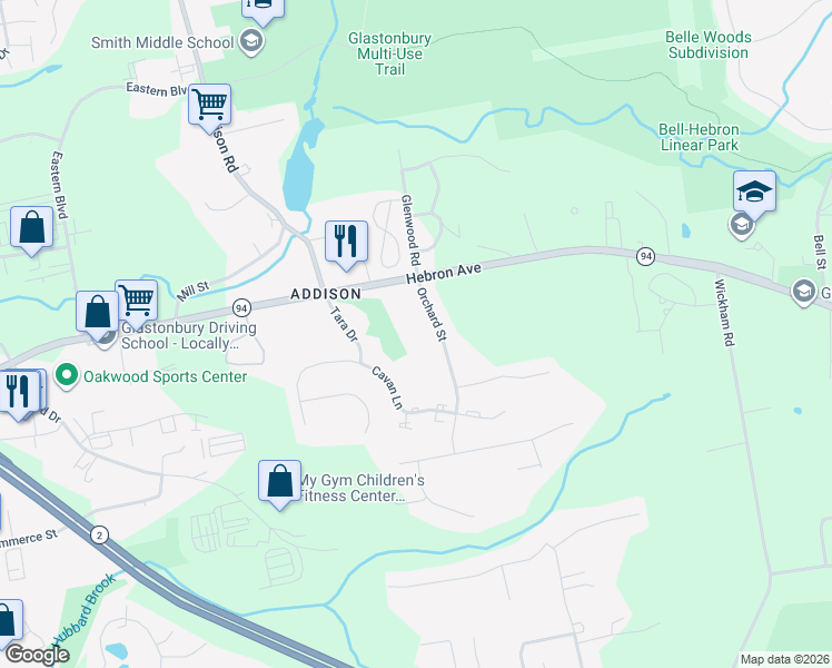 map of restaurants, bars, coffee shops, grocery stores, and more near 31 Orchard Street in Glastonbury