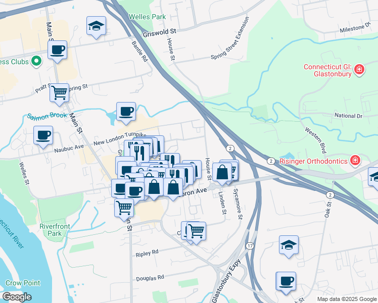 map of restaurants, bars, coffee shops, grocery stores, and more near 81 House Street in Glastonbury