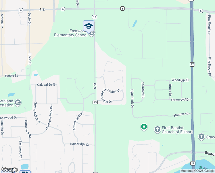 map of restaurants, bars, coffee shops, grocery stores, and more near 2404 Timberstone Drive in Elkhart