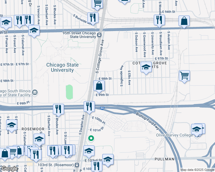map of restaurants, bars, coffee shops, grocery stores, and more near 9801 South Maryland Avenue in Chicago