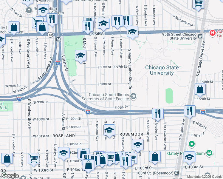 map of restaurants, bars, coffee shops, grocery stores, and more near 9758 South Forest Avenue in Chicago