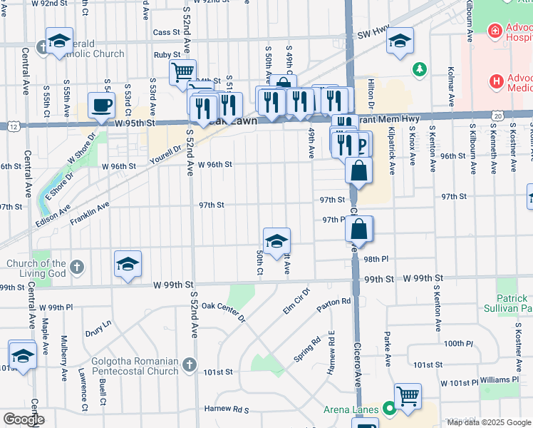 map of restaurants, bars, coffee shops, grocery stores, and more near 9644 Brandt Avenue in Oak Lawn