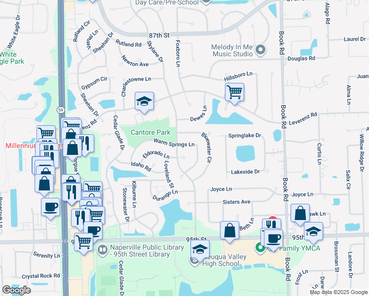 map of restaurants, bars, coffee shops, grocery stores, and more near 2708 Bluewater Circle in Naperville