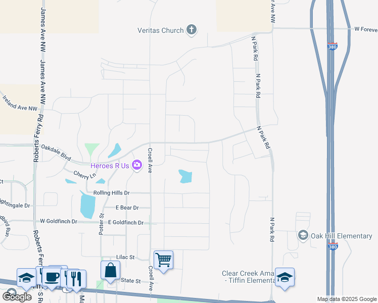 map of restaurants, bars, coffee shops, grocery stores, and more near 1500 North Croell Avenue in Tiffin