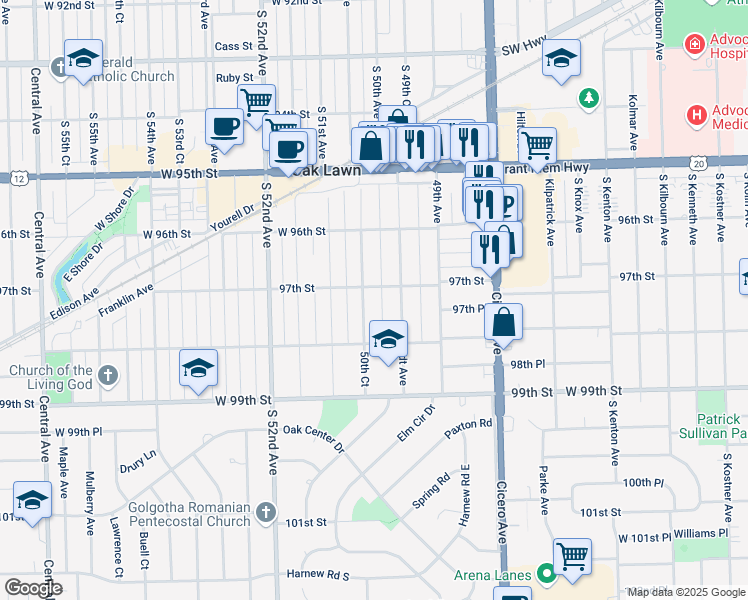 map of restaurants, bars, coffee shops, grocery stores, and more near 9644 Brandt Avenue in Oak Lawn