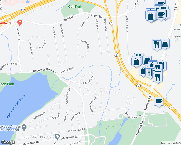 map of restaurants, bars, coffee shops, grocery stores, and more near 1 Bradford Walk in Farmington