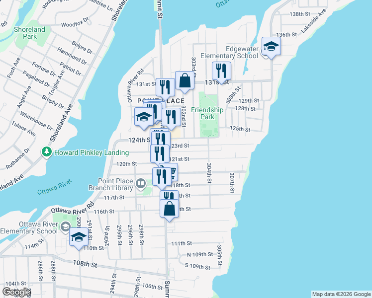 map of restaurants, bars, coffee shops, grocery stores, and more near 5202 303rd Street in Toledo