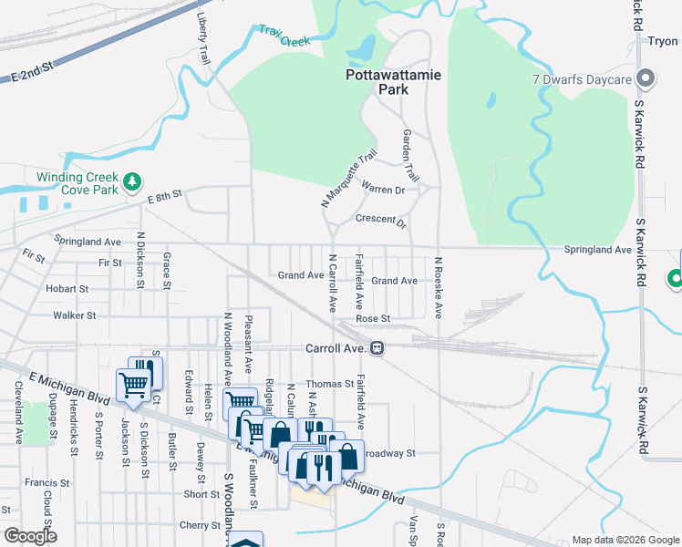 map of restaurants, bars, coffee shops, grocery stores, and more near 705-799 N Carroll Ave in Michigan City