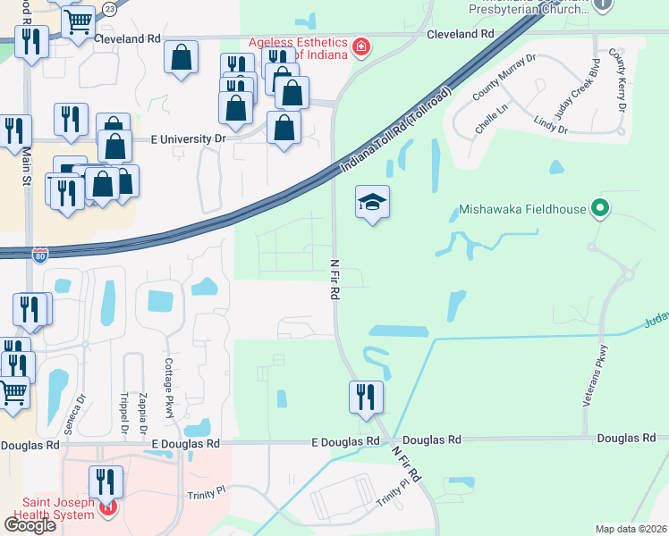 map of restaurants, bars, coffee shops, grocery stores, and more near 53693 North Fir Road in Granger