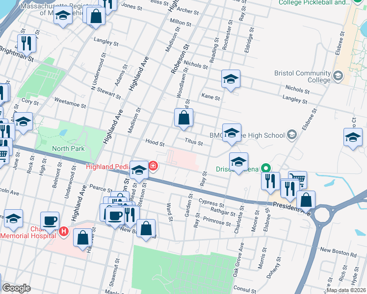 map of restaurants, bars, coffee shops, grocery stores, and more near 665 Weetamoe Street in Fall River