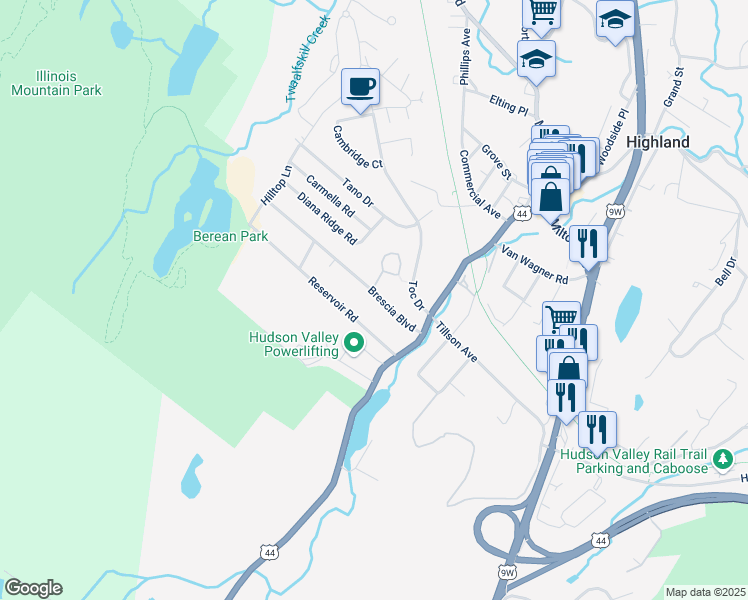 map of restaurants, bars, coffee shops, grocery stores, and more near 18 Brescia Boulevard in Highland