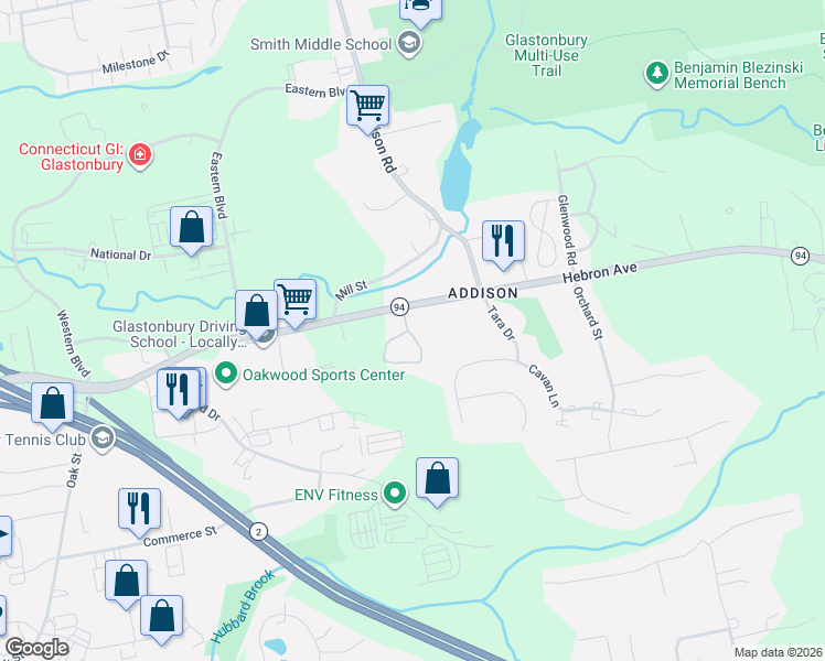 map of restaurants, bars, coffee shops, grocery stores, and more near 19 Dutton Place Way in Glastonbury