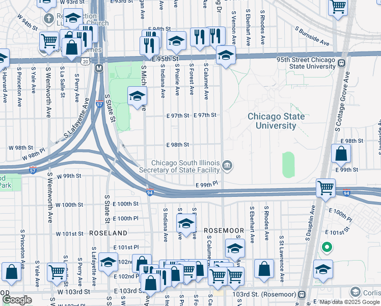 map of restaurants, bars, coffee shops, grocery stores, and more near 9758 South Forest Avenue in Chicago