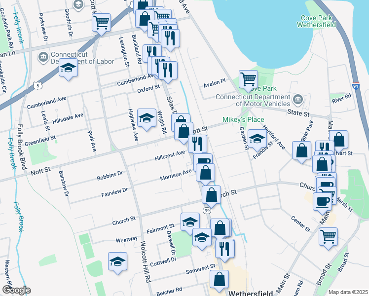 map of restaurants, bars, coffee shops, grocery stores, and more near 139 Nott Street in Wethersfield