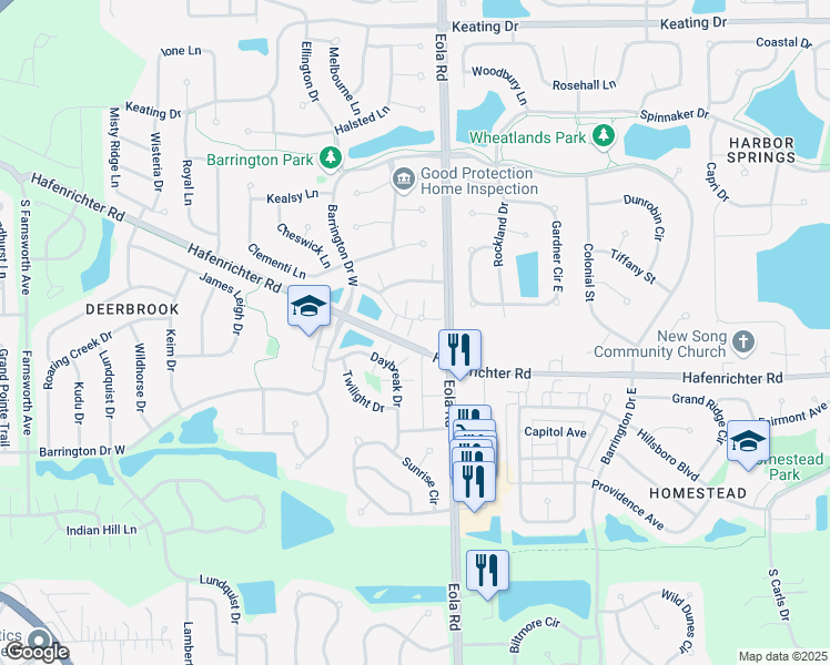 map of restaurants, bars, coffee shops, grocery stores, and more near 2417 Oakfield Court in Aurora