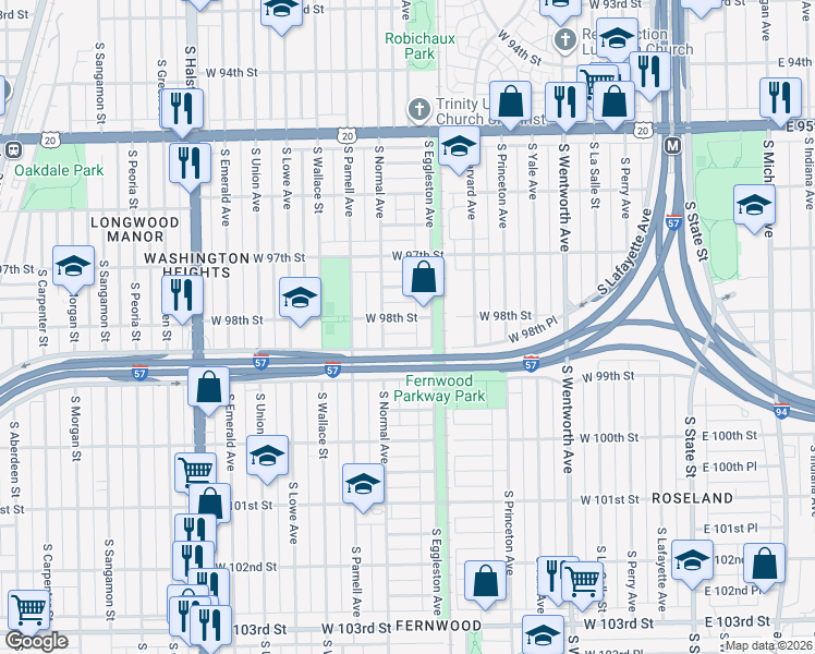 map of restaurants, bars, coffee shops, grocery stores, and more near 414 West 98th Street in Chicago