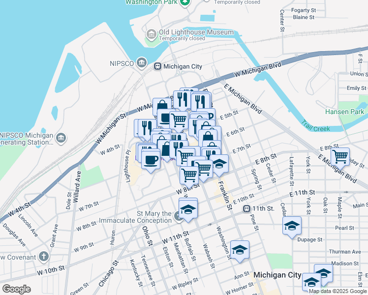 map of restaurants, bars, coffee shops, grocery stores, and more near 531 Washington Street in Michigan City