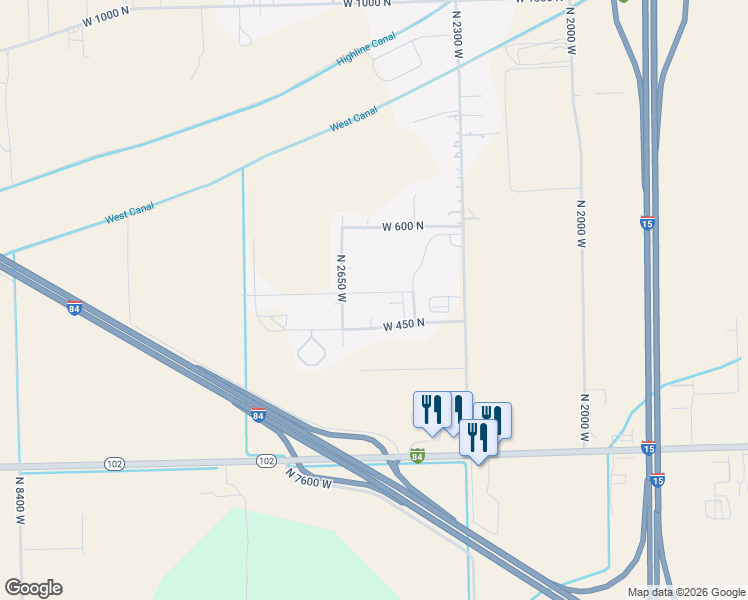 map of restaurants, bars, coffee shops, grocery stores, and more near 2568 West 500 North in Tremonton
