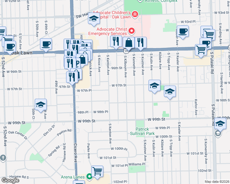 map of restaurants, bars, coffee shops, grocery stores, and more near 9700 Kolmar Avenue in Oak Lawn