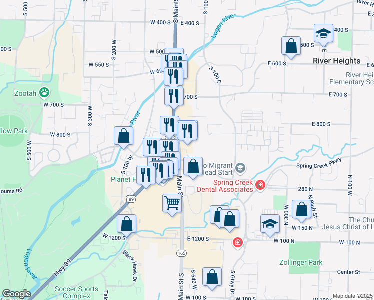 map of restaurants, bars, coffee shops, grocery stores, and more near 880 Main Street in Logan