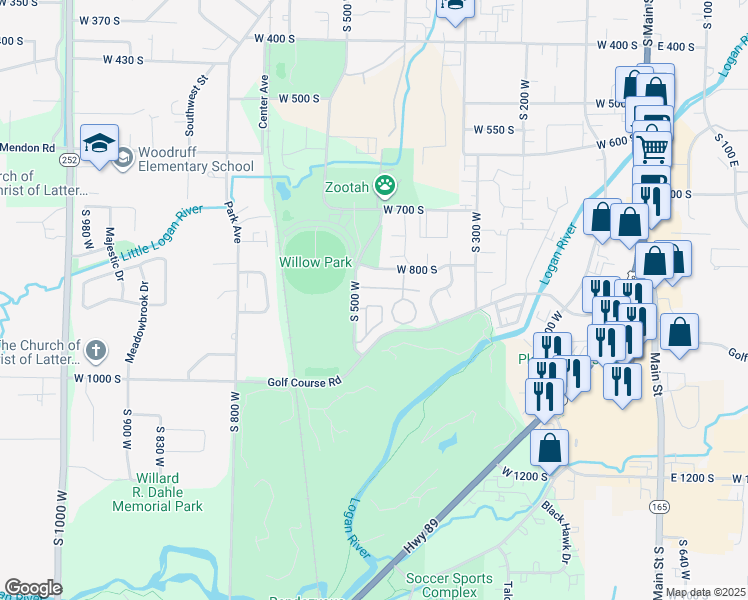 map of restaurants, bars, coffee shops, grocery stores, and more near 46 West 800 South in Logan