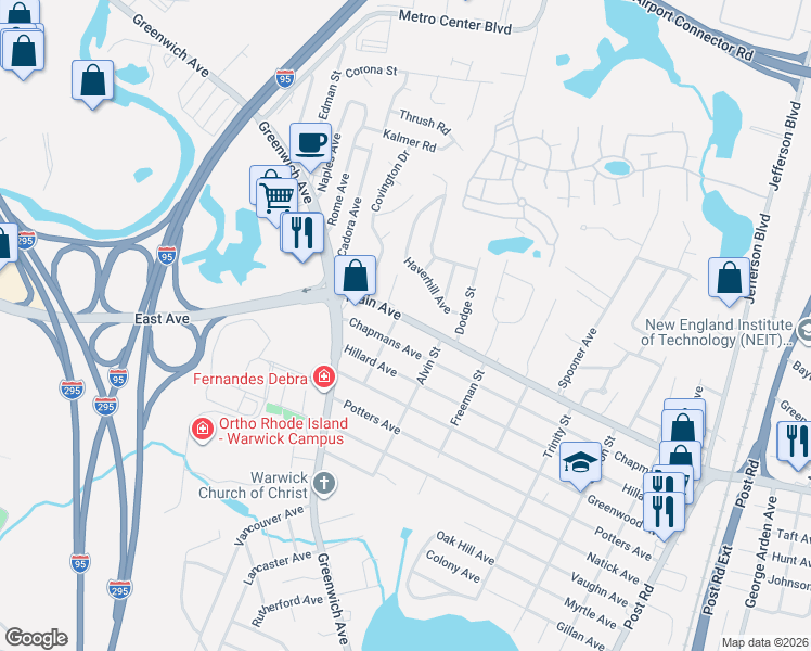 map of restaurants, bars, coffee shops, grocery stores, and more near 1157 Main Avenue in Warwick