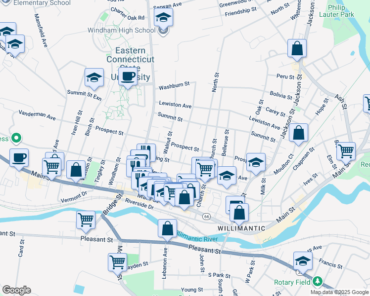 map of restaurants, bars, coffee shops, grocery stores, and more near 53 Chestnut Street in Windham