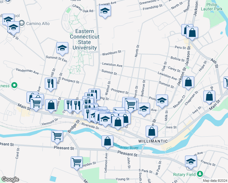 map of restaurants, bars, coffee shops, grocery stores, and more near 53 Chestnut Street in Windham