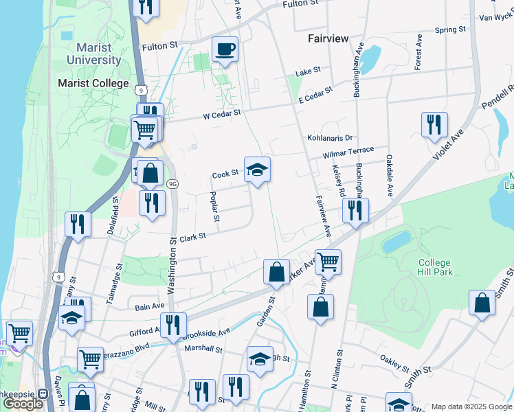 map of restaurants, bars, coffee shops, grocery stores, and more near in Poughkeepsie