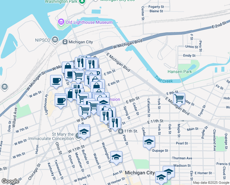 map of restaurants, bars, coffee shops, grocery stores, and more near 616 Spring Street in Michigan City