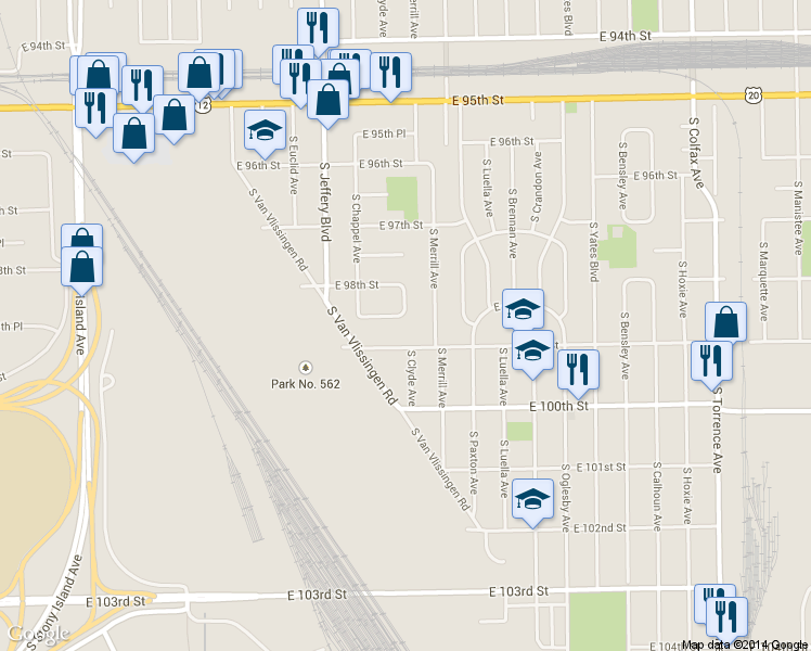 map of restaurants, bars, coffee shops, grocery stores, and more near 9816 South Merrill Avenue in Chicago