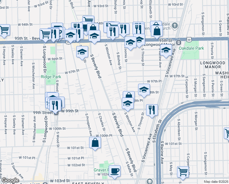 map of restaurants, bars, coffee shops, grocery stores, and more near 9745 South Beverly Boulevard in Chicago