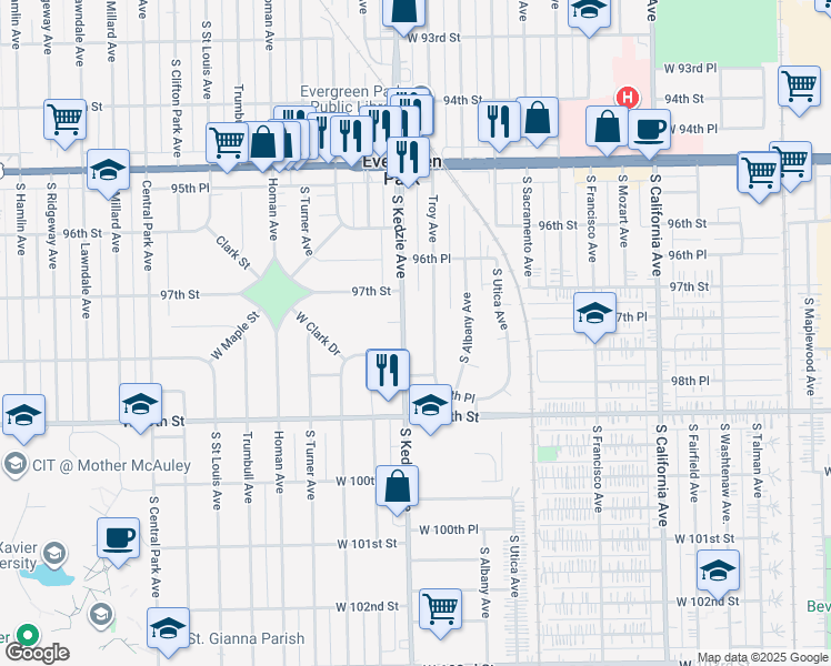 map of restaurants, bars, coffee shops, grocery stores, and more near 9659 Troy Avenue in Evergreen Park