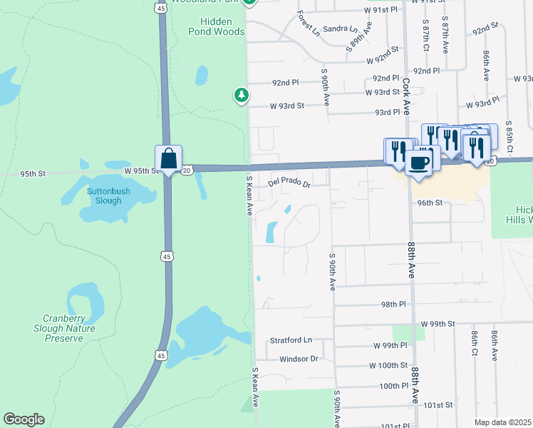 map of restaurants, bars, coffee shops, grocery stores, and more near 9050 Del Prado Drive in Palos Hills