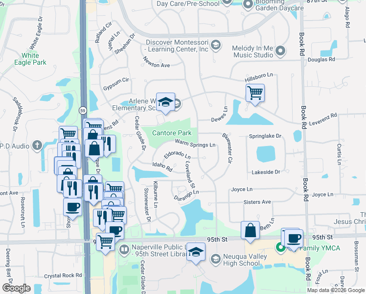 map of restaurants, bars, coffee shops, grocery stores, and more near 2524 Warm Springs Lane in Naperville