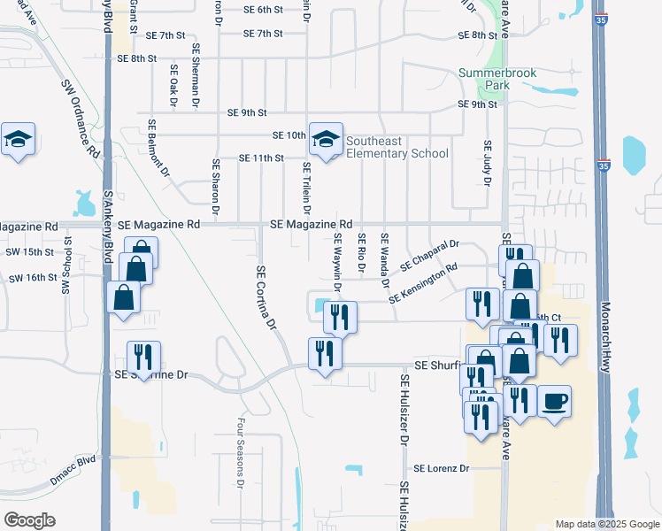 map of restaurants, bars, coffee shops, grocery stores, and more near 1414 Southeast Waywin Drive in Ankeny