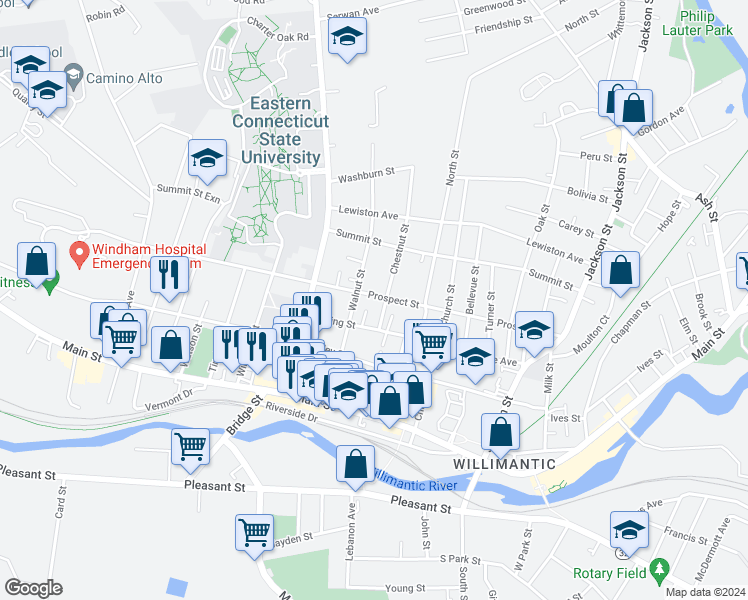 map of restaurants, bars, coffee shops, grocery stores, and more near 208 Prospect Street in Windham