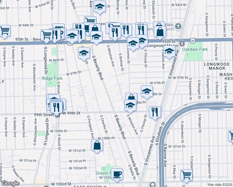 map of restaurants, bars, coffee shops, grocery stores, and more near 9745 South Beverly Boulevard in Chicago