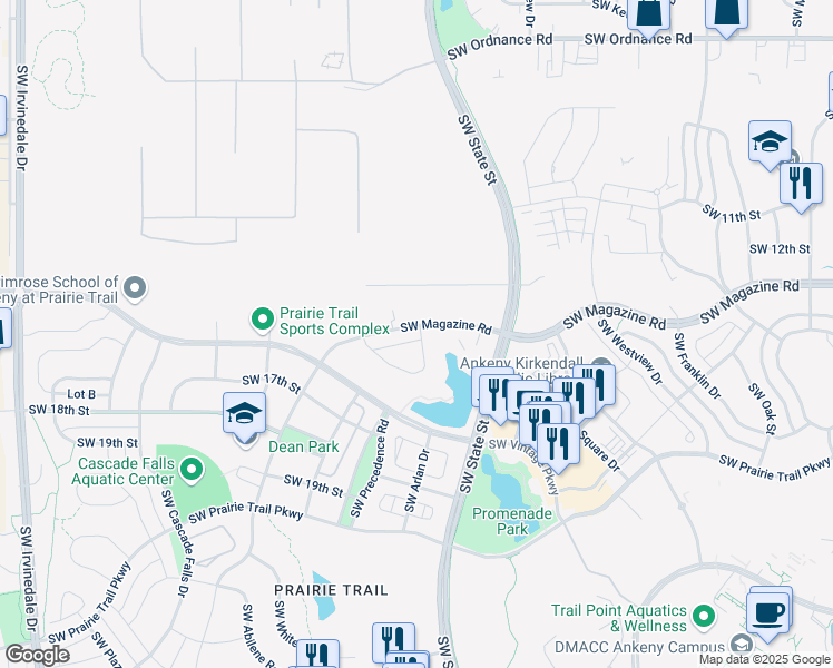 map of restaurants, bars, coffee shops, grocery stores, and more near 1804 Southwest Lesina Lane in Ankeny