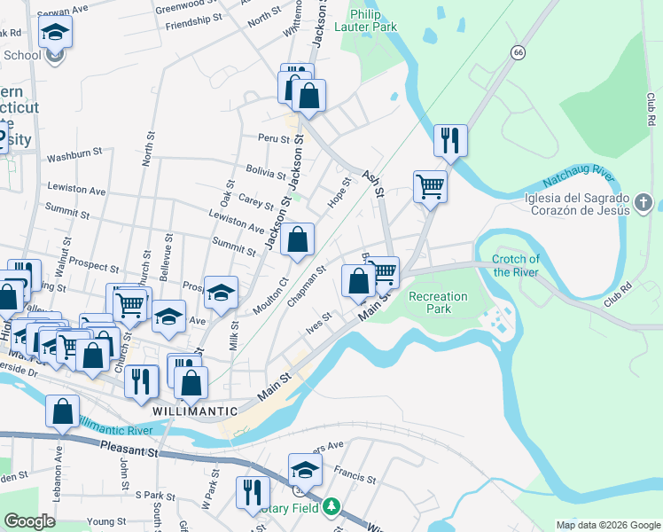 map of restaurants, bars, coffee shops, grocery stores, and more near 123 Chapman Street in Windham